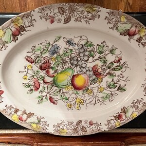 Vintage große 20-Zoll-Oval-Transferware für Thanksgiving, Ernte, Truthahnplatte mit Obst und Blumen