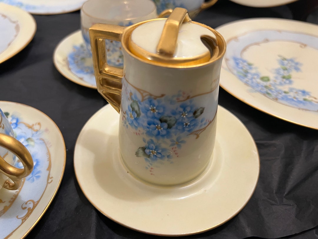 J. P. L. France Jean Pouyat Limoges Green / Gold Gilt Tea Set Hand