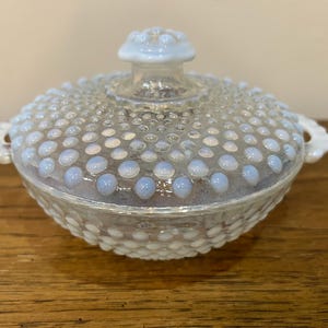 Vintage Moonstone Anchor Hocking Opalescent Hobnail Covered Candy Dish