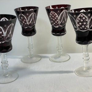 Vintage Bohemian Crystal Ruby Red / Burgundy / Cranberry  Sherry Glass Cut to Clear Set of 4
