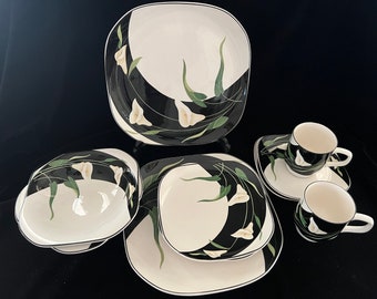【ヴィンテージ食器】サンゴ・クアドリール/Sango BLACK LILIES Sango Quadrille Black Lilies Four Square Dinner Plates Four Square