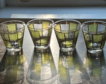 Vintage Culver,  Lowball Old Fashion, Green Glasses with 22-Karat Gold Prado Design Set Of 4