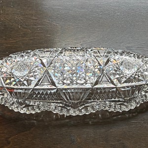 Vintage ABP American Brilliant  Cut Glass 10.75 IN Relish Candy Dish Hobstars And Sawtooth Edge