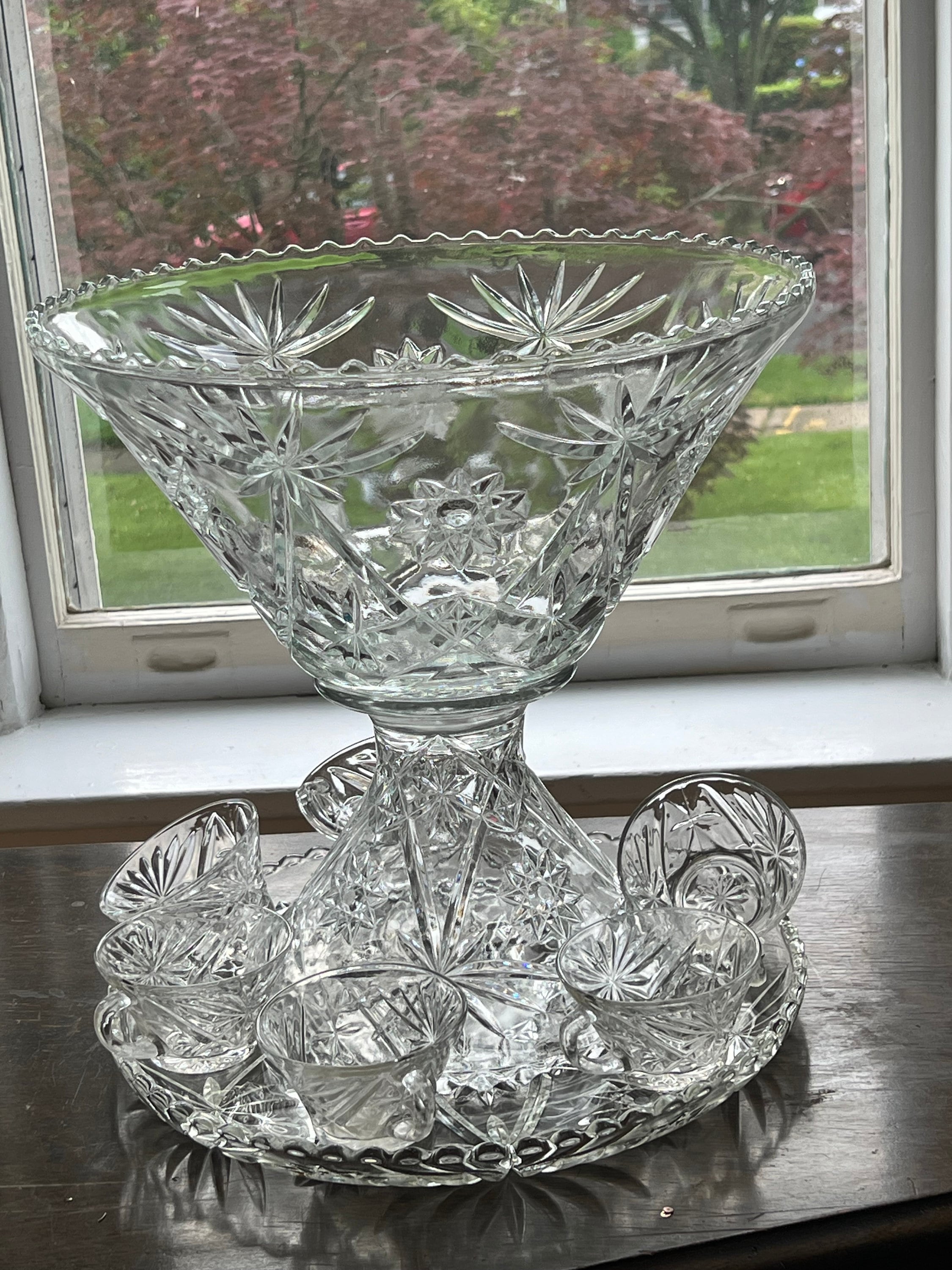 Anchor Hocking Prescut Clear Punch Bowl Set Bowl, Underplate and 8