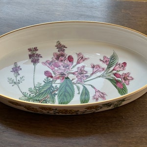 Spode Staffordshire Flowers Porcelain 12.5&quot; Oval Baking, Serving Bowl /Gold Rim Fruit/ Vegetable Bowl Made in England, Weigela And Lavender