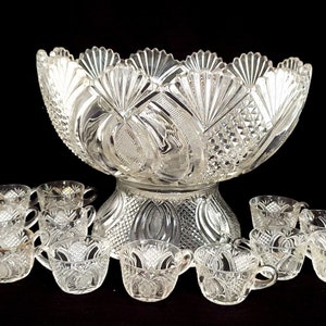 Large MCKEE Jubilee Hickman Pressed Glass Punch Bowl Set With Base And 12 Glasses