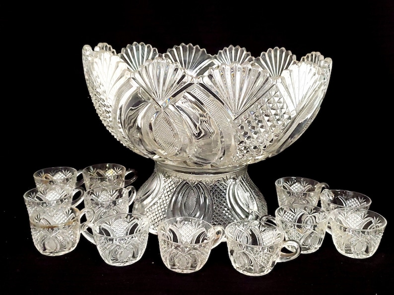 Large MCKEE Jubilee Hickman Pressed Glass Punch Bowl Set With Base And 12 Glasses