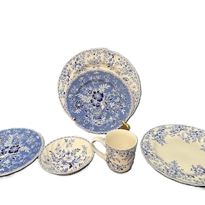 May include: A set of blue and white floral patterned crockery, including plates, an oval platter, and a mug. The plates vary in size and shape, with a matching floral design. The mug has a handle and a similar floral pattern.