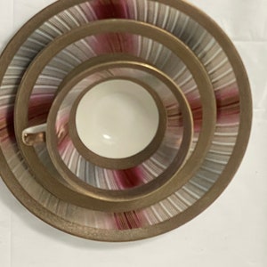 Vintage Trio MCM Set by Zeh Scherzer Bavaria Germany 1950&#39;s,Footed tea cup, Saucer and Dessert Plate EUC