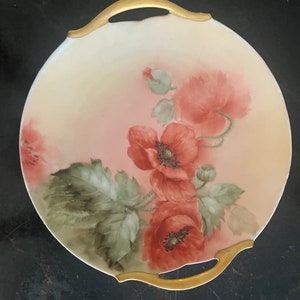 Signed Antique LIMOGES HAND PAINTED Floral Plate With Gilt Handles  And Painted Poppies