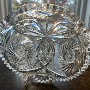 ABP American Brilliant Period CUT GLASS Bowl Fan And Cane Cuts With Saw Tooth Edge