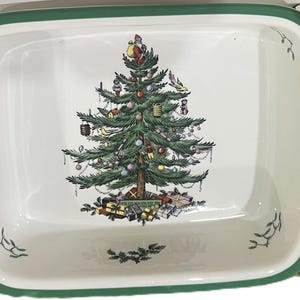 Fuente rectangular con asa Spode con diseño de árbol de Navidad, de cerámica festiva, 9 x 12 pulgadas.