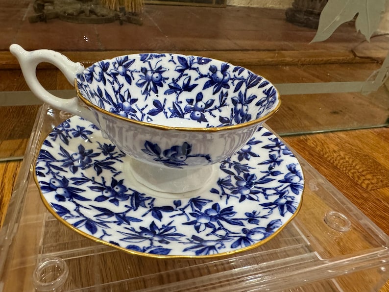 COALPORT COBALT Blueberries  Chintz Tea Cup And Saucer Set