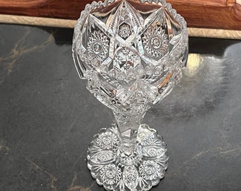 Jarrón de cristal con cáliz tallado a mano Imperial EAPG de 23 cm con diseño de rayo