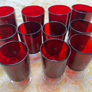 French Stemware Glassware Ruby Red Clear Stem 1960s Midcentury Set of 10