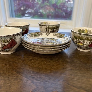 JOHNSON BROTHERS The Friendly Village Ice House Cup And Saucer (s) Set Of 4  (&quot;Made in England&quot; Backstamp)