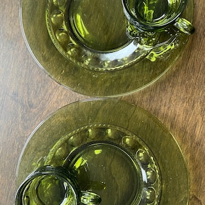 Vintage Indiana Glass Green Kings Crown Thumbprint Luncheon Plate With Cup Set of 2