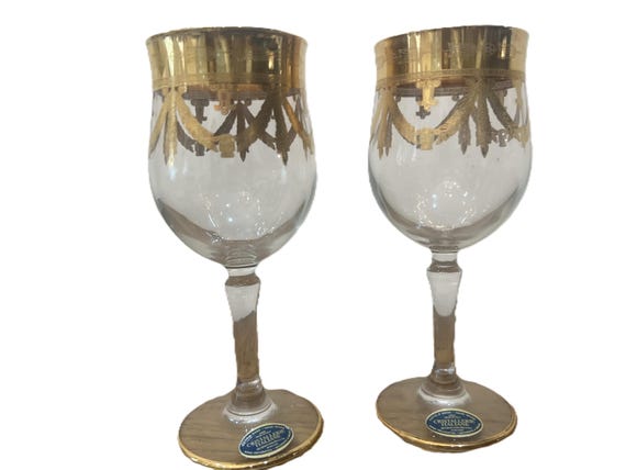 Cristallerie Italian: Wine Glasses, Set of 2 , 24 K Gold Trim - Etsy