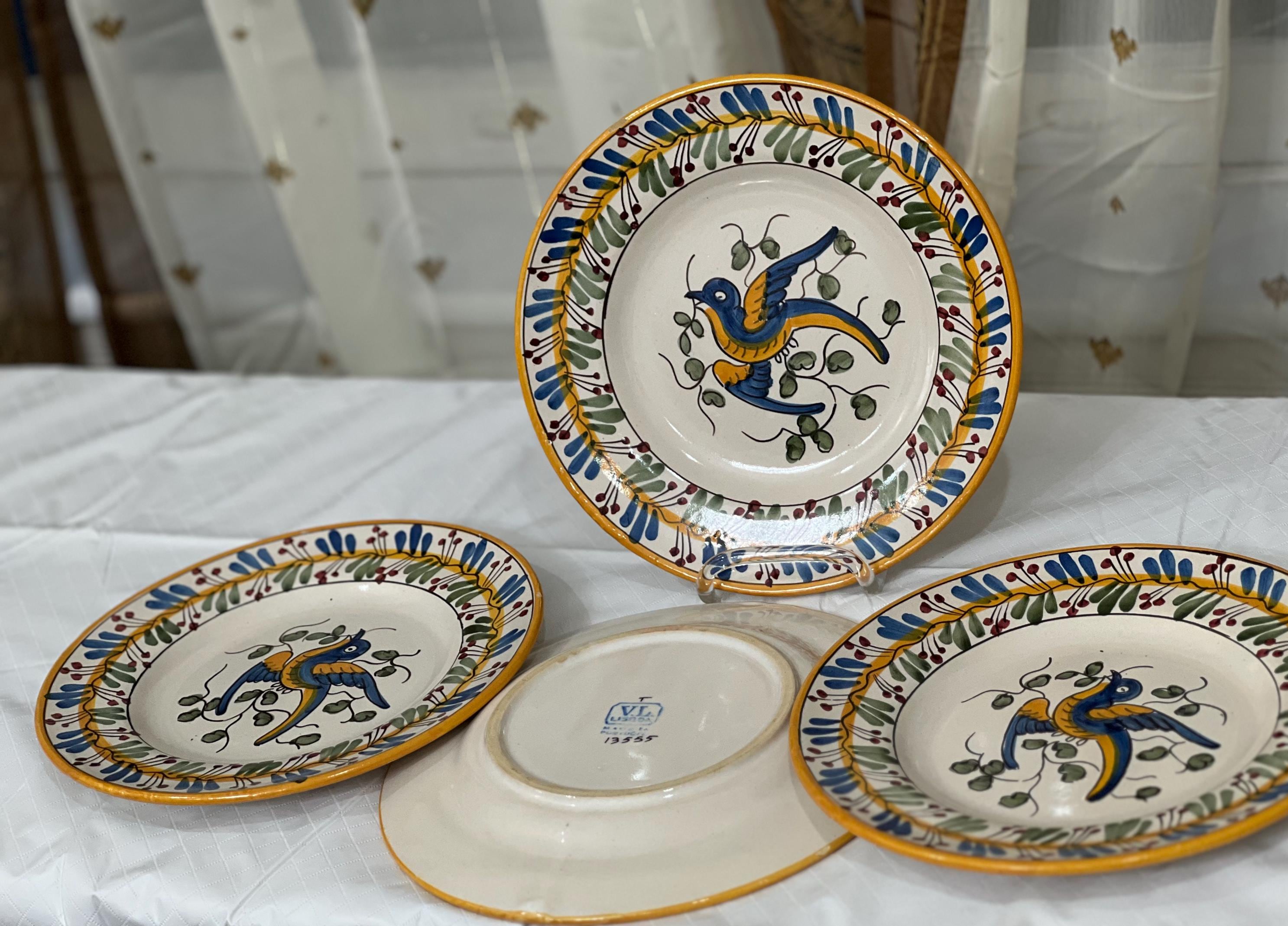 V.L. Lisboa Faience Pottery Plates: Hand-painted Bird Design