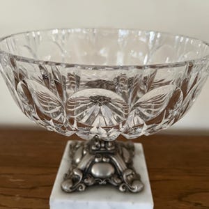 Antique Crystal Compote Decorative Pedestal Bowl On Ornate Silverplate And Marble Stand