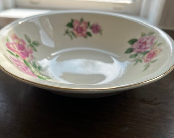Paden City Pottery 8.75" Serving Bowl Pink Roses Green Gold Trim Leaves K-49