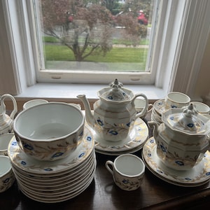Antique French Porcelain 37 PC Luncheon Tea Set Gilt Leaves And Blue flowers On White