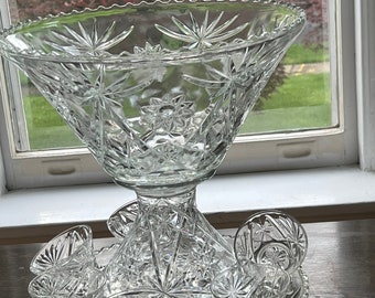 Anchor Hocking Prescut Clear Punch Bowl Set Bowl, Underplate And 8 Glasses