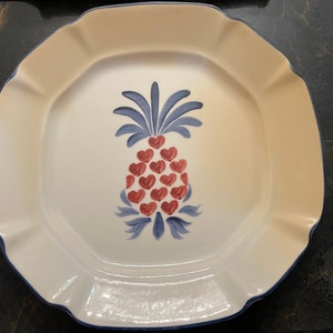 LAP1 by Los Angeles Pottery NS Gustin Co.  Blue/Red Pineapple Center, Blue Trim 11.5&quot; Plate Platter
