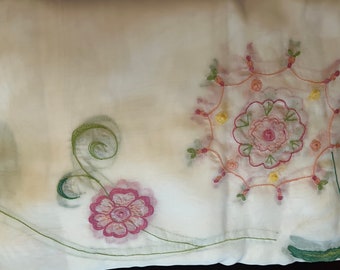 Floral Embroidered Sheer Tablecloth, Pink and Green Flowers (60 x 122)