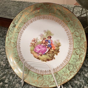 VINTAGE Love Story Courting Couple Decorative Signed FRAGONARD Porcelain Plate Large 10 1/2&quot; In Diameter, Green and Gold