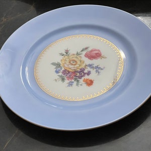 Puls Germany Large 11 Inch Porcelain Plate Blue Border Floral Center