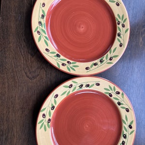 Pfaltzgraff &quot;Olive Grove &quot; Hand Painted Red Center Dinner Plates 10.75&quot; Inch Unused Set of 2