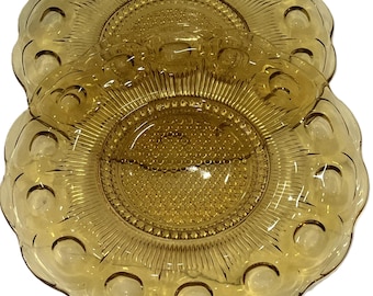 2 Vintage 1960s Bartlett Collins St. Genevieve Amber Glass Bullseye and Hobnail Dinner plates