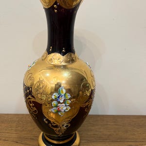 Large Vase  Vintage Hand  Blown Venetian Glass Vase-MURANO- Dark RED GLASS And  Gold Leaf 12in