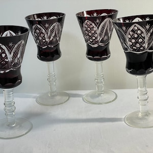 Vintage Bohemian Crystal Ruby Red /Burgundy / Cranberry Wine Glass Cut to Clear Set of 4
