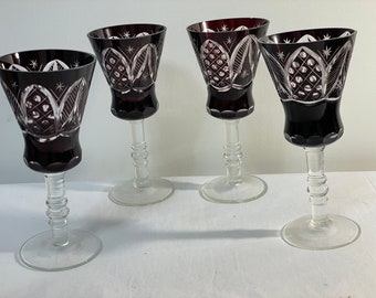 Vintage Bohemian Crystal Ruby Red /Burgundy / Cranberry Wine Glass Cut to Clear Set of 4