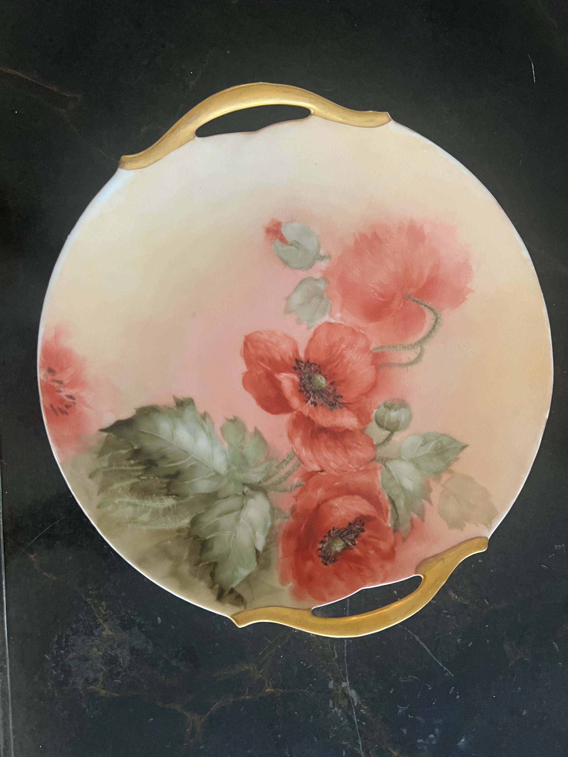 Signed Antique LIMOGES HAND PAINTED Floral Plate With Gilt Handles
