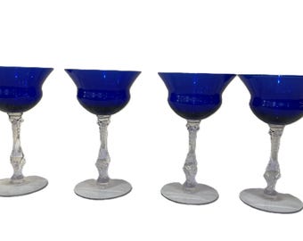 CAMBRIDGE Glass: Champagne Tall Sherbet Glass 3126 Royal Blue 6.5" (c)1945 Set Of 4