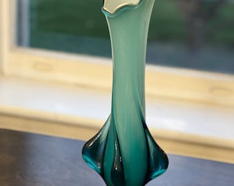 Vintage Murano Style Artisan Glass Twist Teal Blue  White  Glass Vase 17.5"