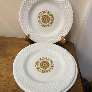 Puede incluir: Dos platos de cerámica blanca con un patrón tejido en relieve. Los platos tienen un diseño floral dorado y marrón en el centro.