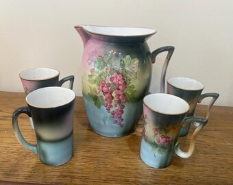 Antique Usona Goodwin Cider Jug Set: Hand-painted Grape Motif