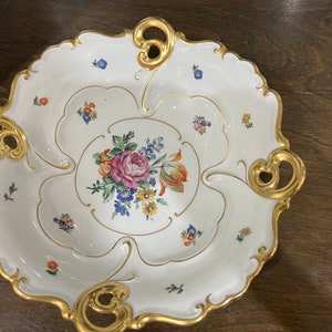 Vintage Graf Von Henneberg Porzellan,  JL MENAU  Hand Enameled Gilded Porcelain Bowl Dresden Flowers  Numbered