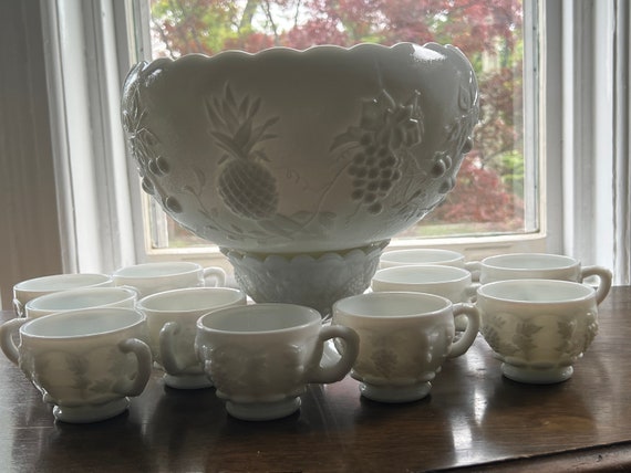 Westmoreland Three Fruits Cupped Pineapple/cherry/grapes Milk Glass Punch  Bowl With 10 Cups - Etsy