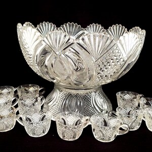 Large MCKEE Jubilee Hickman Pressed Glass Punch Bowl Set With Base And 12 Glasses