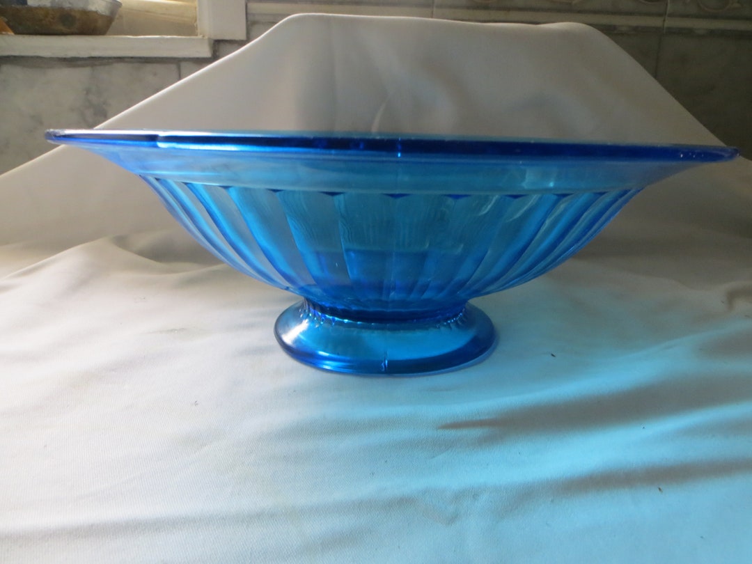 Vintage Blue Ribbed Footed Bowl Large Depression Glass Bowl 12