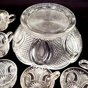 Large MCKEE Jubilee Hickman Pressed Glass Punch Bowl Set With Base And 12 Glasses