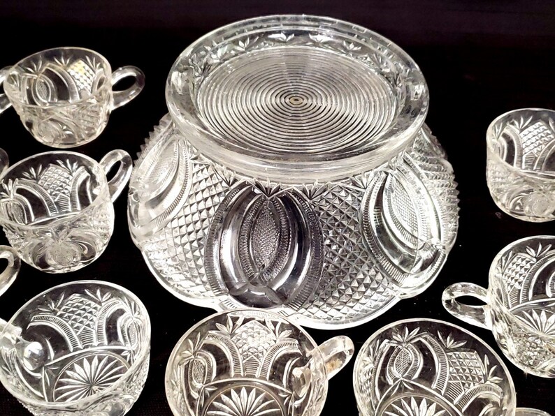 Large MCKEE Jubilee Hickman Pressed Glass Punch Bowl Set With Base And 12 Glasses