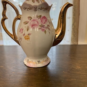 Lefton Hand Painted Pink Floral Gilded Coffeepot  EUC