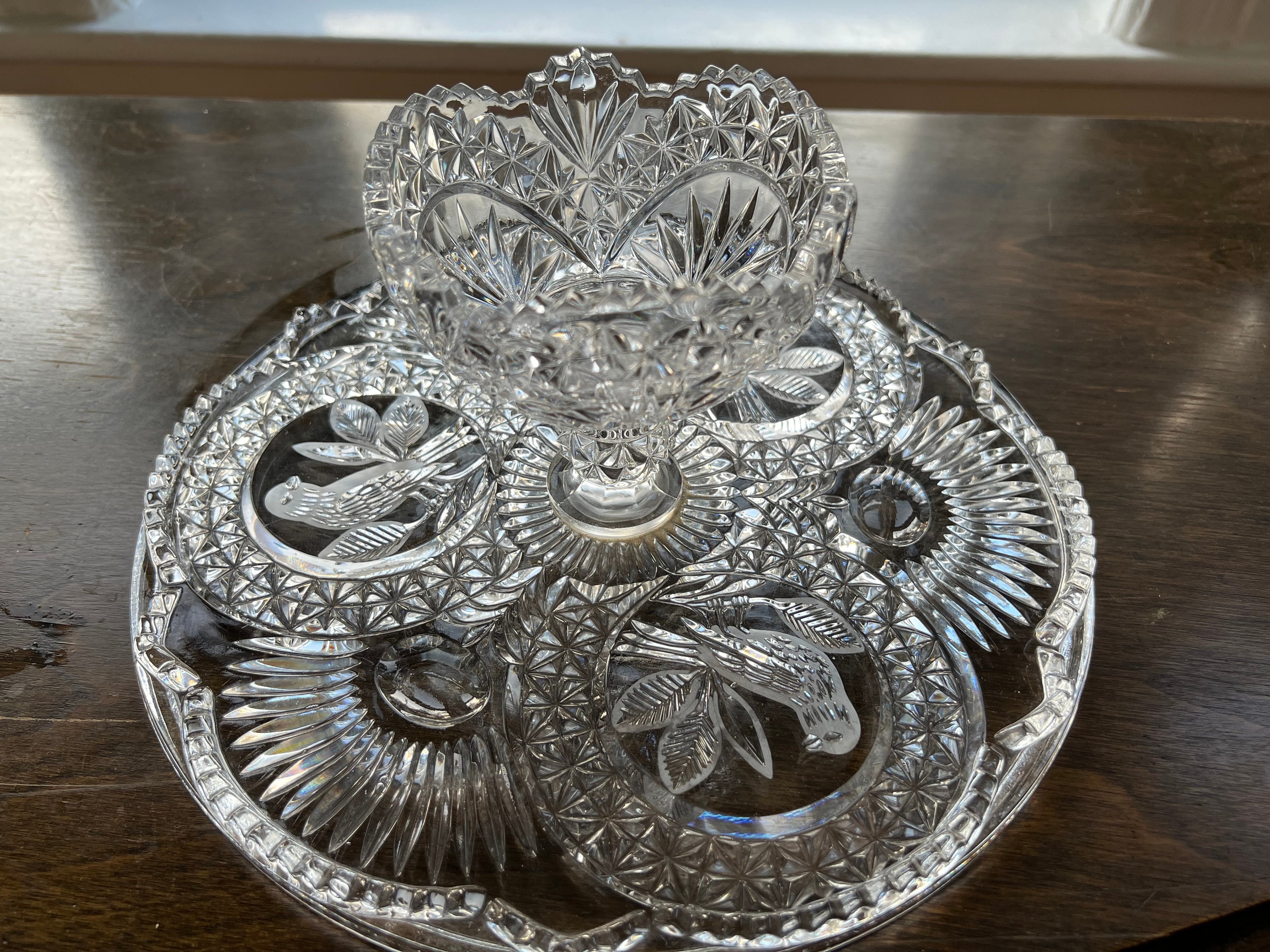 Etch Bleikristall Lead Crystal Cake Plate With Birds Reverses to
