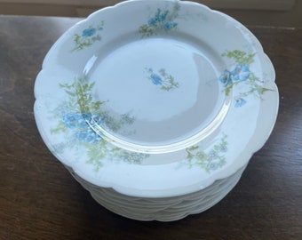 Haviland Limoges Porcelain White Porcelain 9.5&quot; Plate With Blue Flowers Green Leaves Scalloped Edge Set Of 6